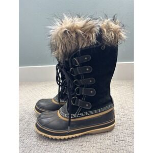 Sorel Joan Of Arctic Waterproof Suede Snow Boots Black Faux Fur Cuff Sz 6